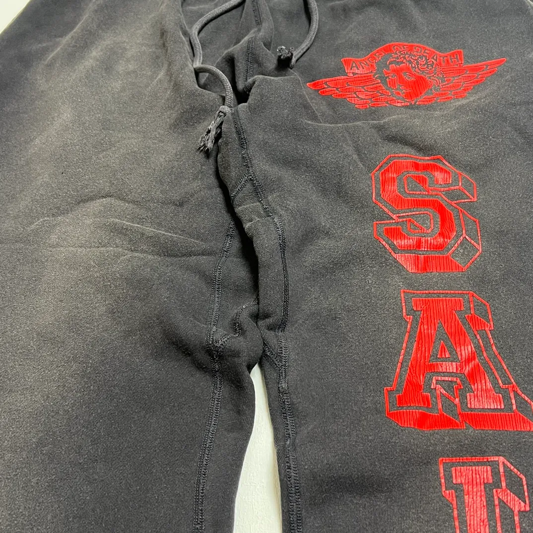 SAINT Mxxxxxx ANGEL SWEAT PANTS/BLK Angel Reborn Crack Print Distressed Sweatpants, Washed Black S-XL Assute Dyeing, Full Spray Fade, Heavy Fermentation Washing, Made with NEW VINTAGE Texture, Four Needles and Six Threads from the Factory, Boneless Patchwork, More Comfortable to Wear, Genuine Level Crack Print/Accessories Restored